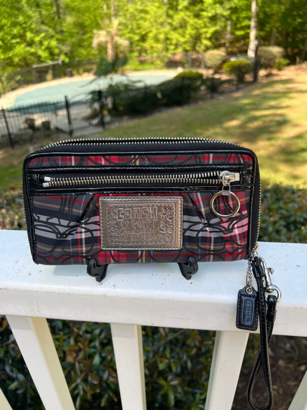 COACH Poppy Red and Black Plaid Zip Wristlet Wallet